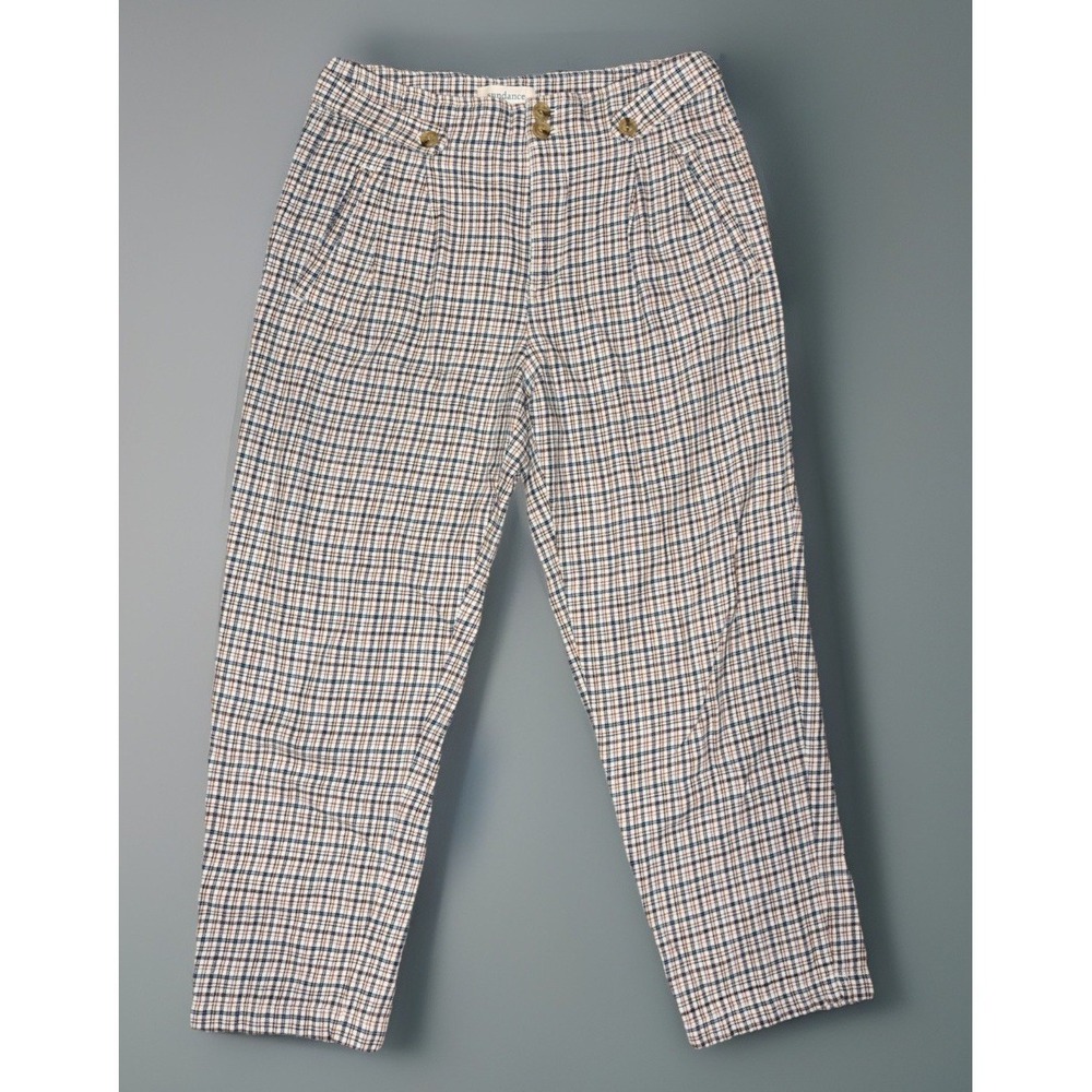 Sundance Pants Women's Sz 6 Beige Blue Plaid Linen Blend Cottagecore Academia